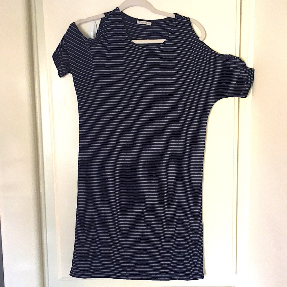 Blue striped dress with cut out shoulders